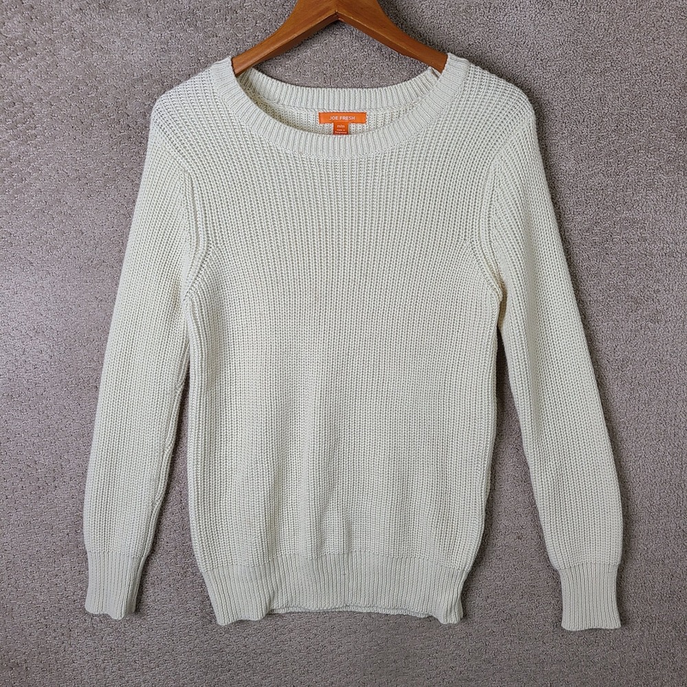 Joe Fresh Sweater Womens Medium Ivory Ribbed Knit Crew Neck Acrylic Cream